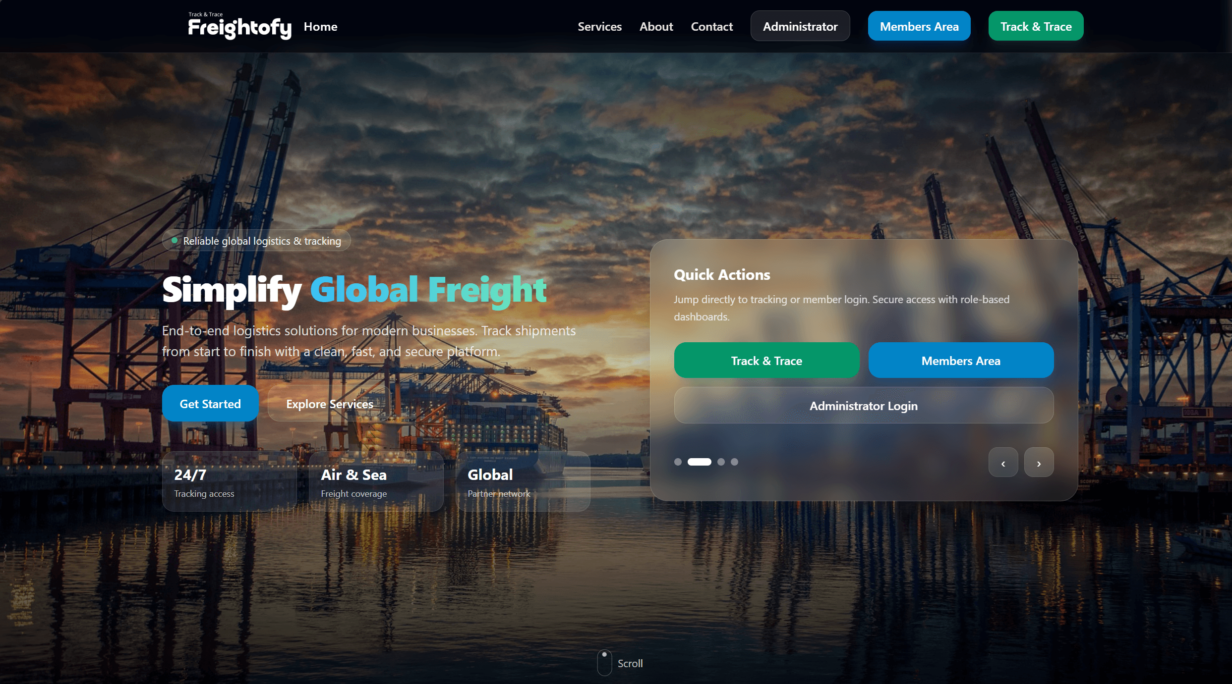 Freightofy public home screen with global freight services, tracking, and member access