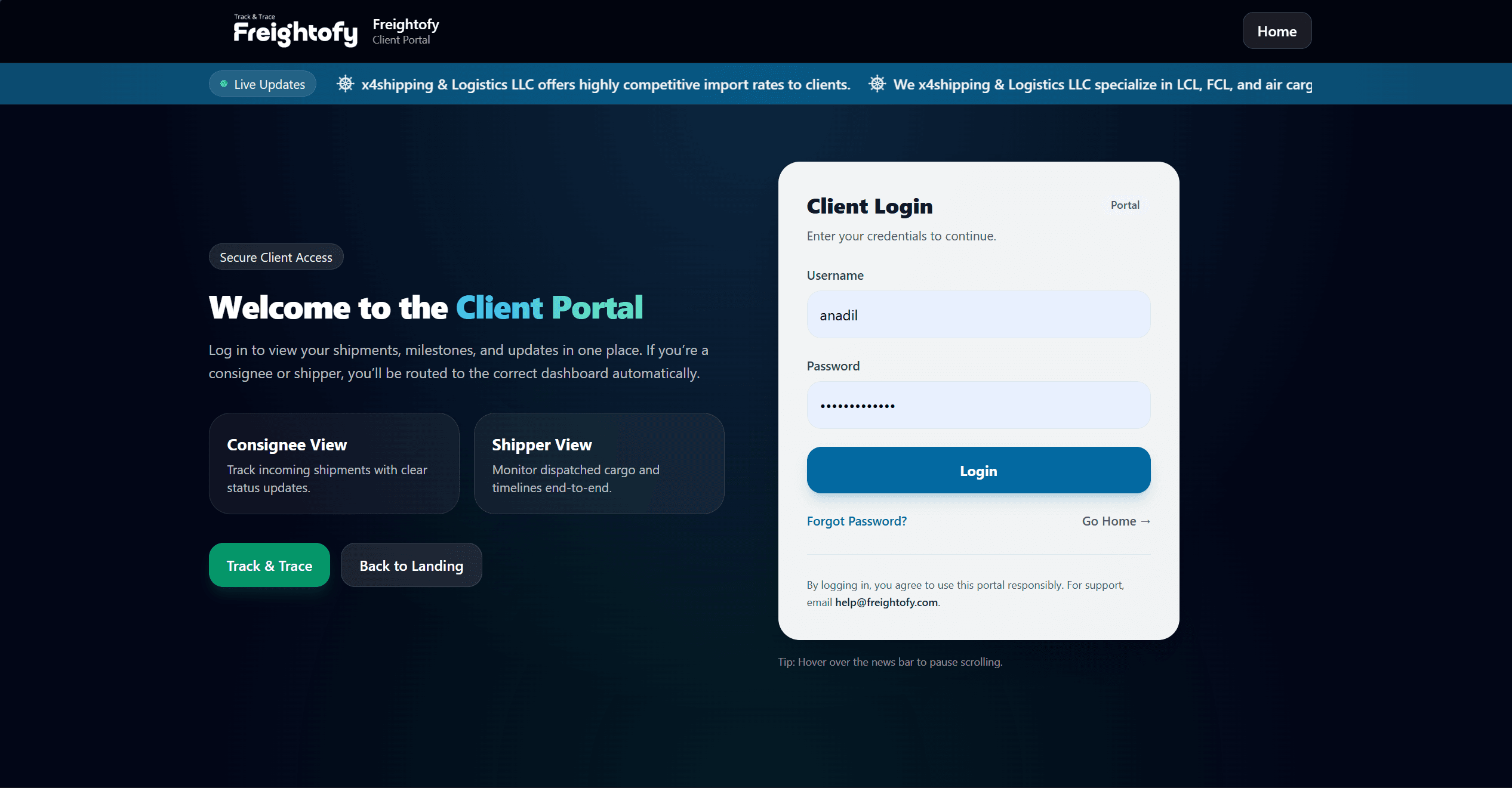 Freightofy shipping-line client portal login with consignee and shipper access